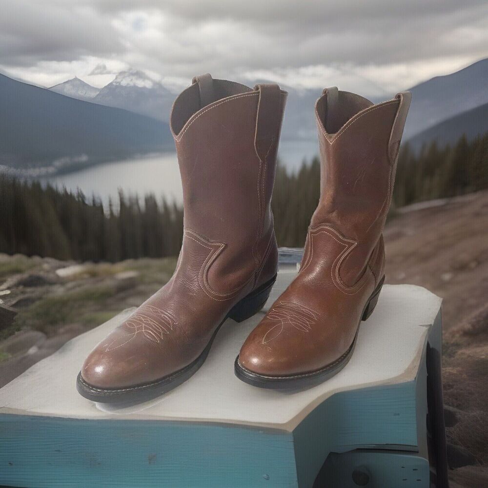 Hy-Test Tuf-Gum Brown Tooled Soft Leather Steel Toe Cowboy Work Boots Mens 7.5 D